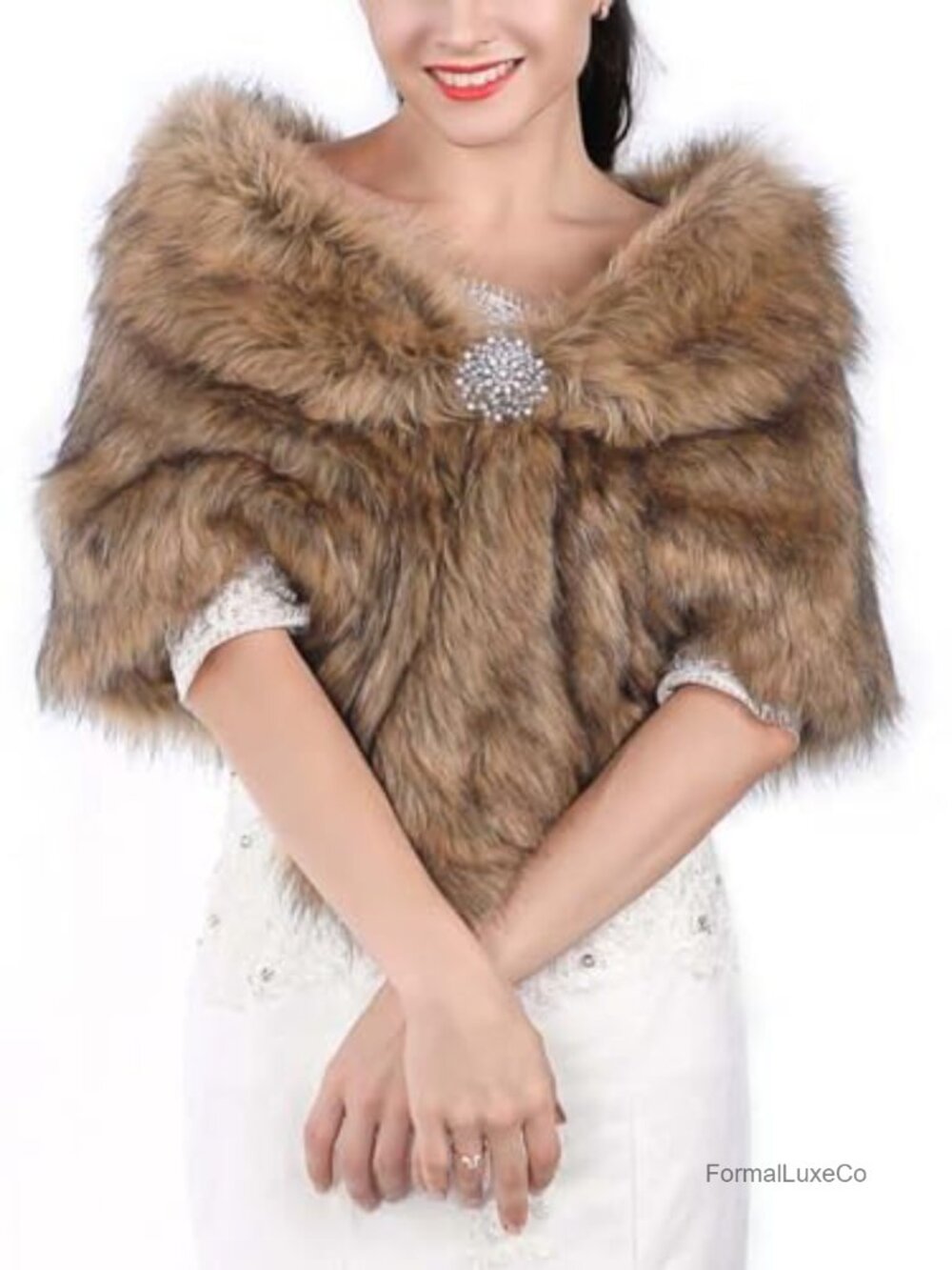 Women's Wedding Faux Fur Shawl Wrap with Rhinestone Brooch